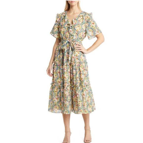 Rachel Parcell Dresses & Skirts - Rachel Parcell Chiffon Floral Surplice‎ Midi Dress XS Trellis Print Short Sleeve